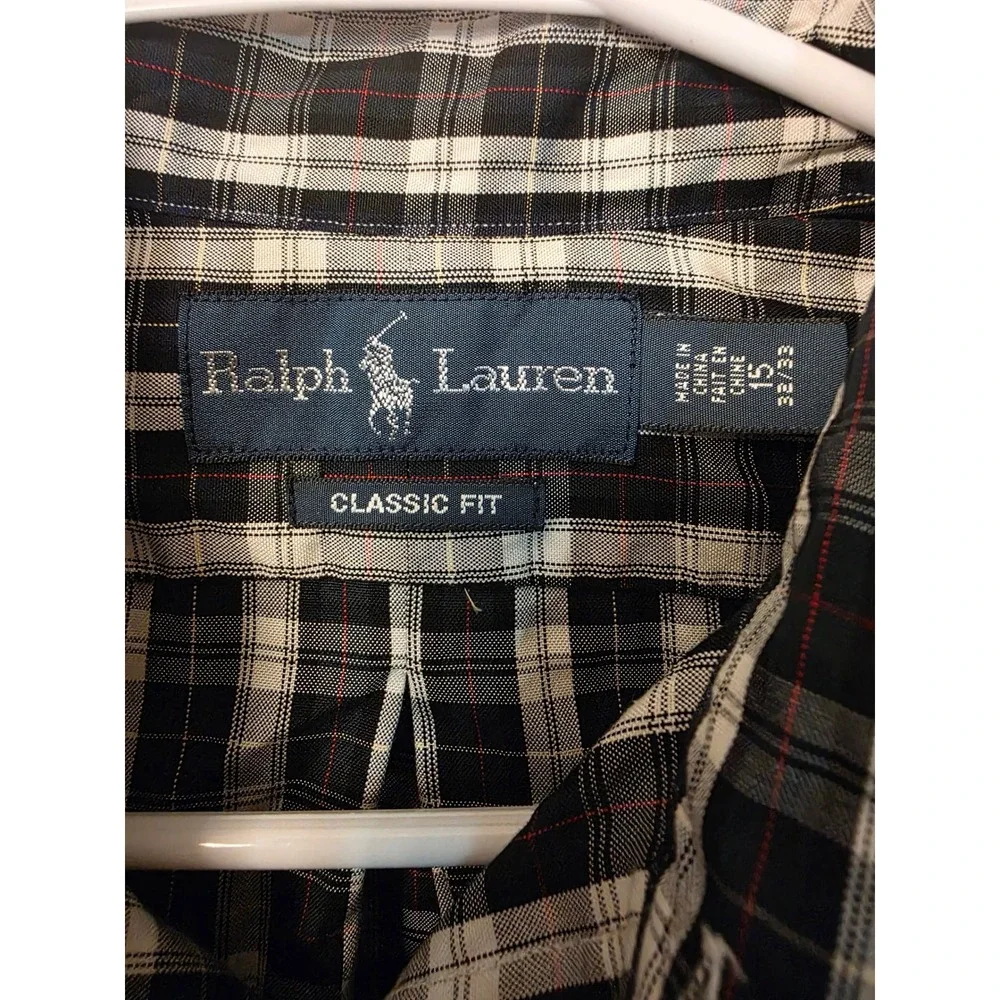 Ralph Lauren Mens Classic Fit Plaid Button Down Shirt Black White Navy 15 32/33